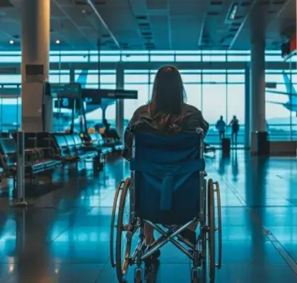 Una persona con movilidad reducida y en silla de ruedas en un aeropuerto (Fuente: Rehatrans)