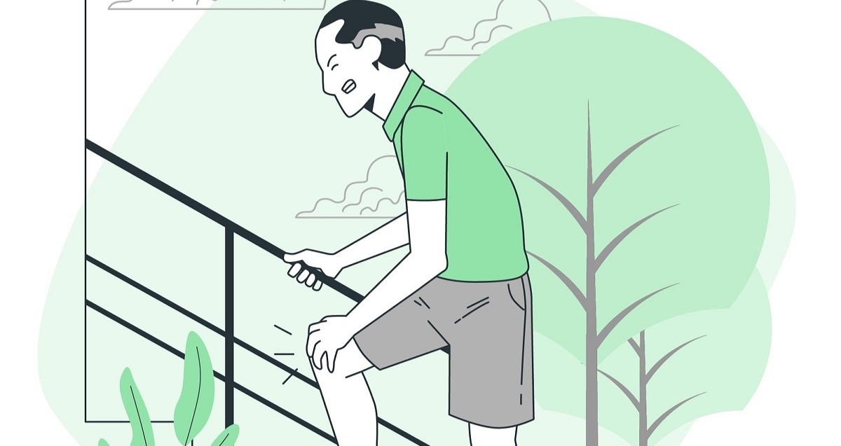 dibujo de un gombre subiendo unas escaleras, quejadose de la rodilla. Posible Infeccion del sistema musculoesquelético